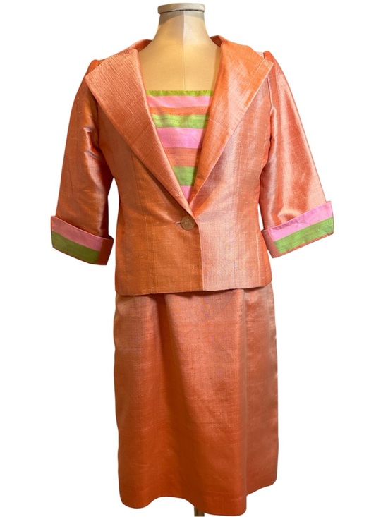 The Cunningham Collection Dresses & Skirts - Vintage Silk Shantung Two Piece Suit Peach Pink Green Size Med Read Description
